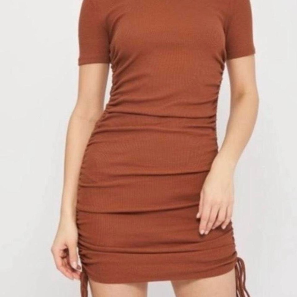 Zara brown ruched mini dress fitted bodycon Y2K soft girl minimalist basic